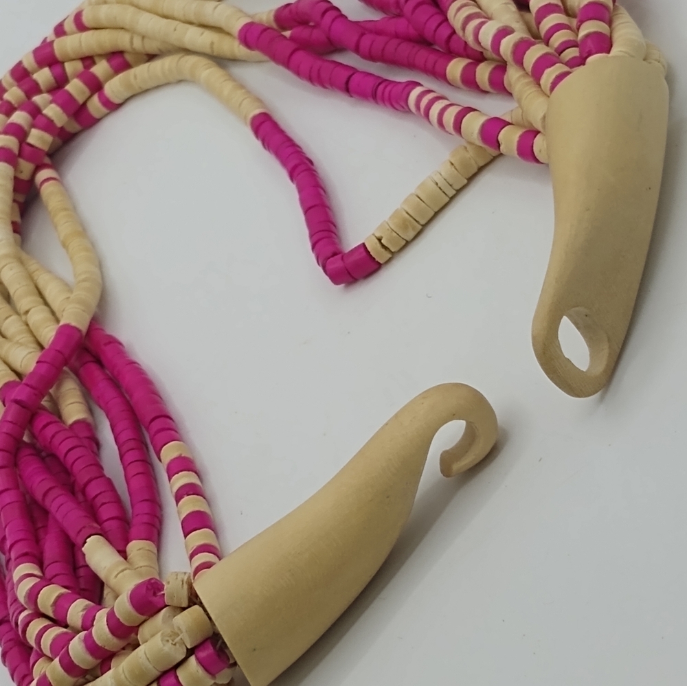 Pink & Cream Faux Bone Bead Multi-Strand Statement Choker Bib Necklace Vintage - Picture 7 of 9